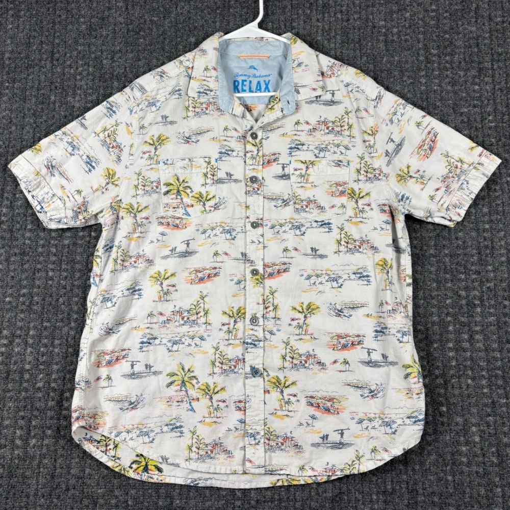 Tommy Bahama Relax Short Sleeve Beach Print Button Down Shirt Large White Multi